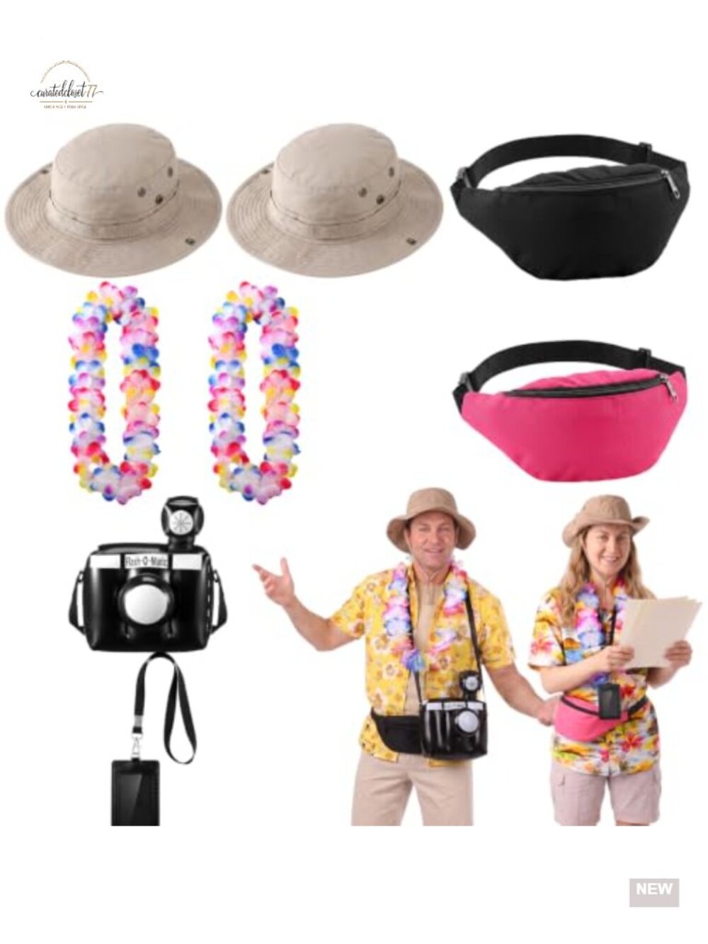 8pc Adult Safari Tourist Costume Kit Hats Leis Fanny Pack Camera Prop Halloween